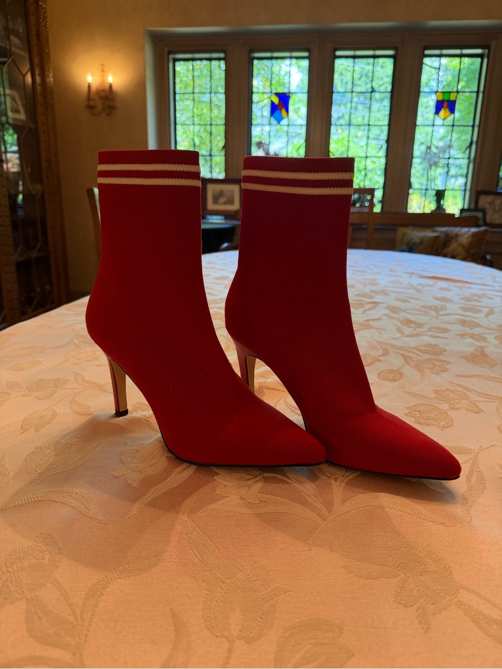 LEITH Red Sock Ankle Boots with Striped Cuff
